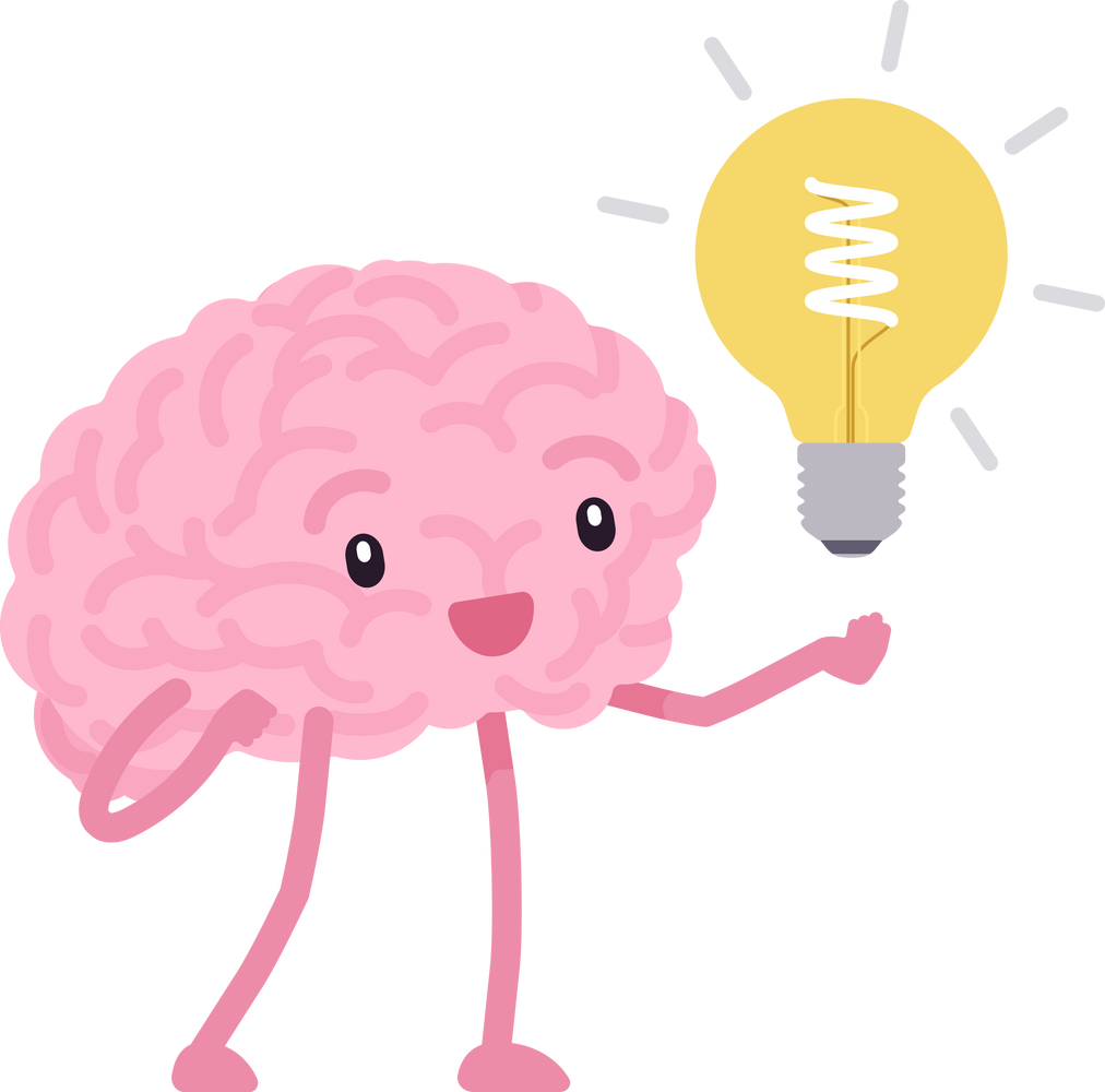 Brain character, cute funny face, standing thinking, lamp bulb idea